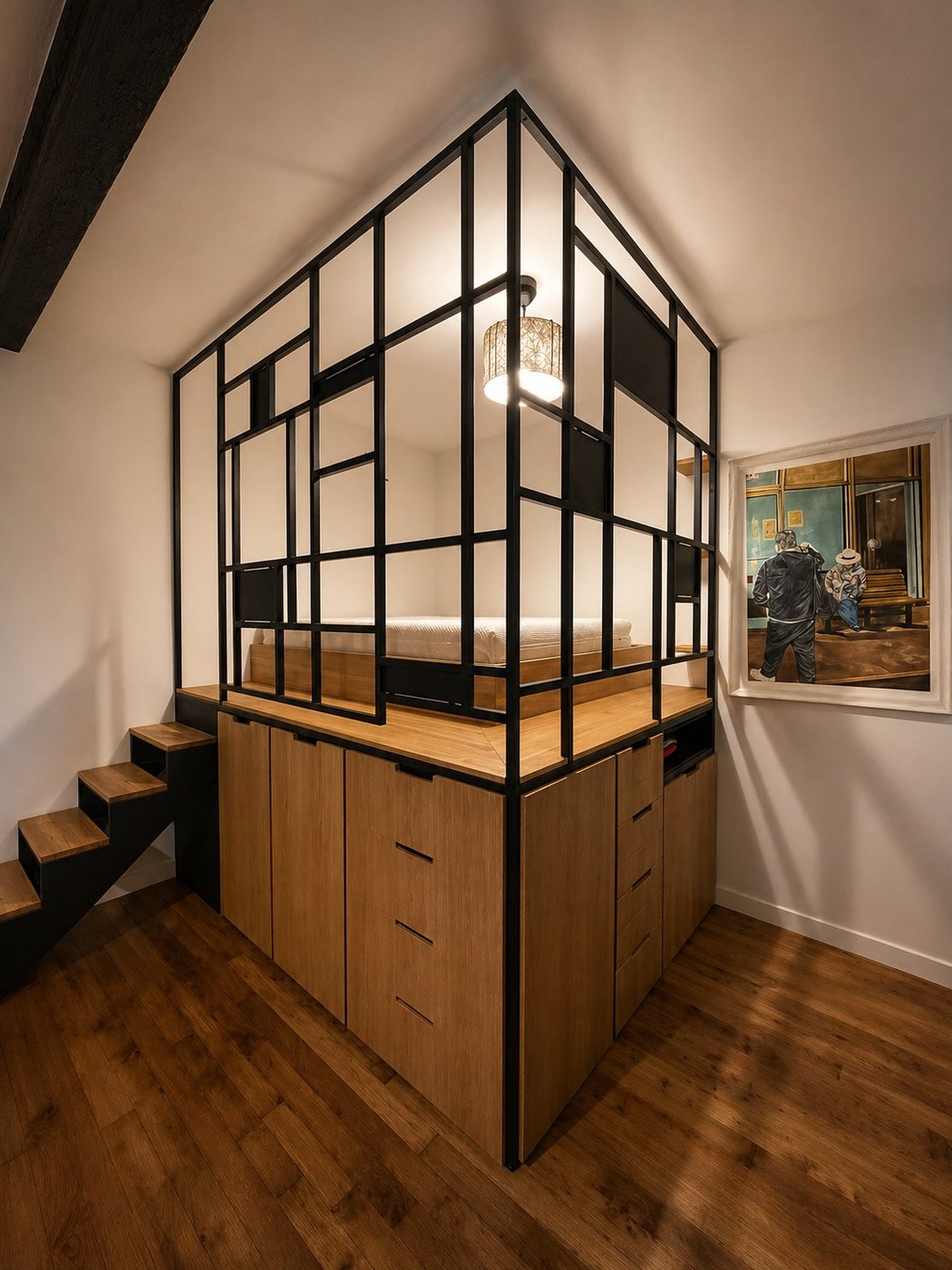 Lit estrade studio Airbnb à Paris 18e — structure acier, bureau escamotable