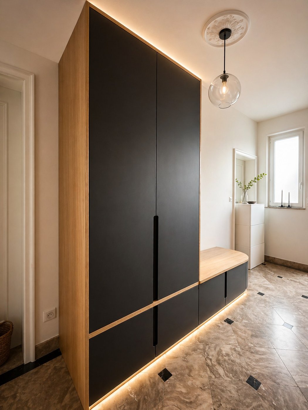 Meuble d'entrée chêne et Valchromat avec banquette tapissée intégrée