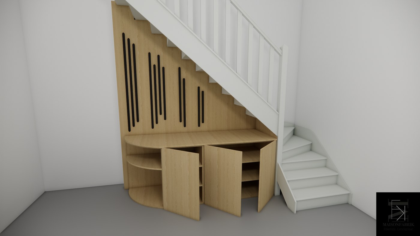Meuble sous escalier — vue 3D